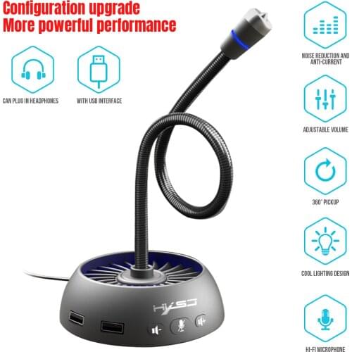 HXSJ F15 USB microphone built-in HUB and headphone jack blue light voice video chat microphone for computer and video conference