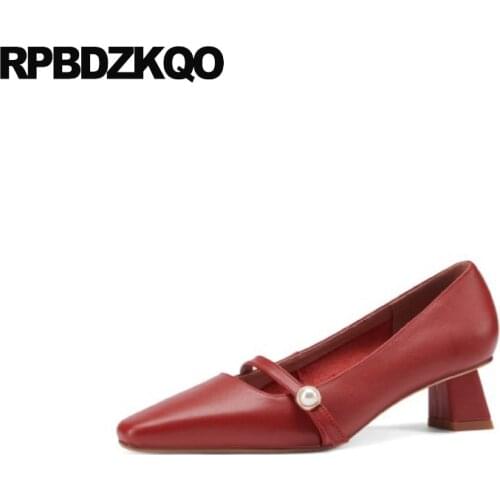 Pearl Strap Genuine Leather Square Toe Ladies Sweet Bridesmaid Mary Jane Wine Red Chunky Party Shoes Medium Heels Pumps High