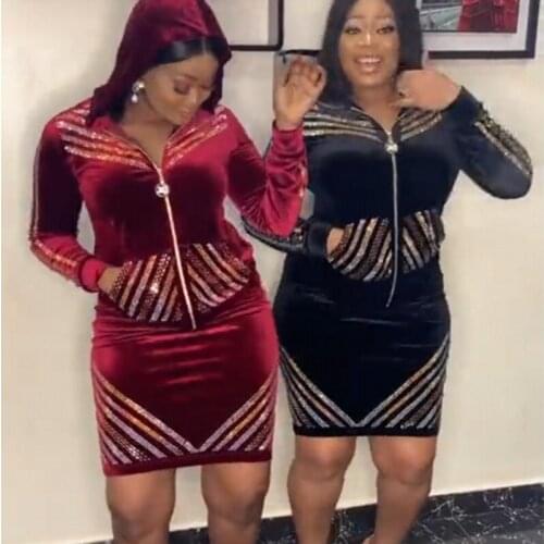 2 Piece Womens Sets Velvet Top And Midi Skirt Autumn Winter Dashiki African Long Sleeve Two Piece Sets Outfit Africa Clothing