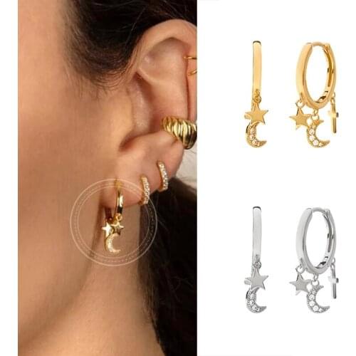 925 Sterling Silver Tassel Zircon Star Moon Cross Charms Stud Earrings For Women Wedding Party Jewelry eh1156