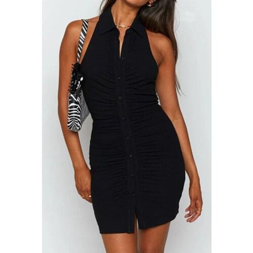 Halter Womens Dress 2021 Sexy Backless Single-Breasted Wrap Mini Summer Dresses Sleeveless V-Neck Bodycon Ruched Lapel Vestidos