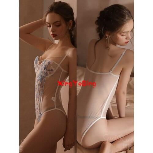 Ladies Sexy Lingerie Sexy Heavy Blue Pink Flowers Exquisite Embroidery Mesh Waist Open Jumpsuit Perspective