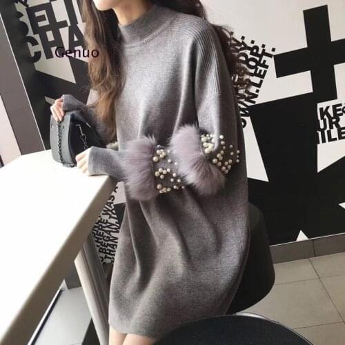Spring Autumn Winter Women Knitted Pullovers Sweater Female Long Sleeve Wool Stitching Faux Rabbits Fur Beaded Sweater Dress
