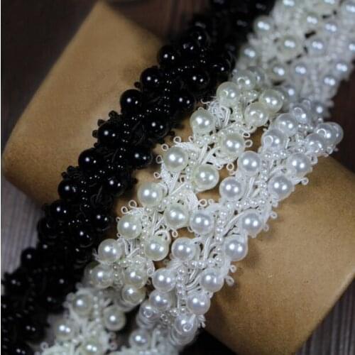 2yds Black Off White Pearl Beaded Embroidered Lace Trim Ribbon Fabric Handmade DIY Sewing Craft For Costume Hat Shoes Decoration