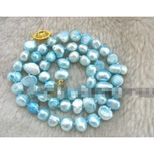 Free Shipping >>>>>freshwater pearl sky blue baroque 8-9mm necklace 16" nature wholesale beads fash