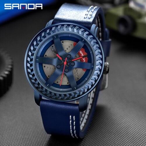 SANDA New Hot Sell Fashion Men Watches Sport Car Wheel Rim Hub Men Quartz Watch Leather Waterproof Creative Clock Montre homme
