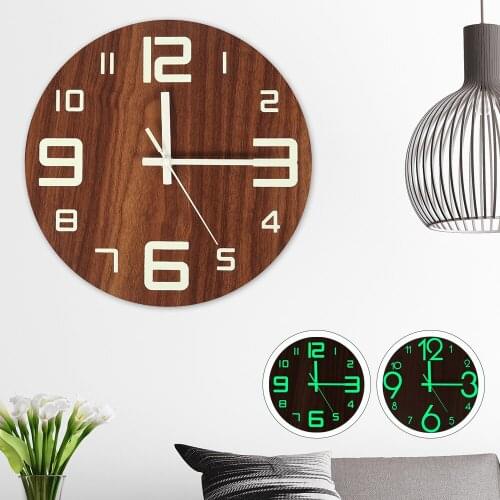 Wooden Wall Clock Luminous Number Hanging Clocks Quiet Dark Glowing Wall Clocks Modern Watches Decoration For Living Room