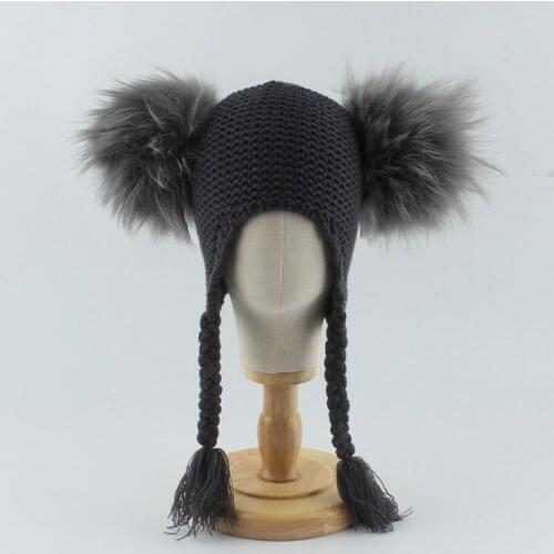 Children Double Pompom Earflap Cap Real Raccoon Fur Ball Hat For Kids Winter Knitted Warm Beanies Baby Girls Boy Children