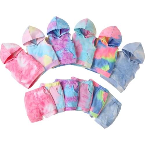 Toddler Boys Girls Boutique Outfits Baby Tie-dye printing Clothing Set Kids Summer Sleeveless Hooded Tops Shorts Set