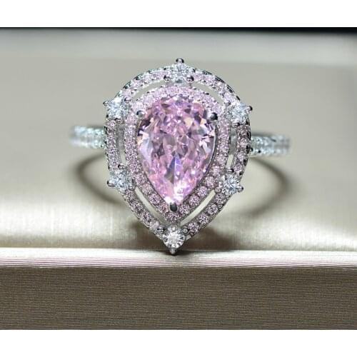 Luxury Real 925 Sterling Silver Pear Pink Gemstone Wedding Engagement Diamonds Ring Fine Jewelry Gift