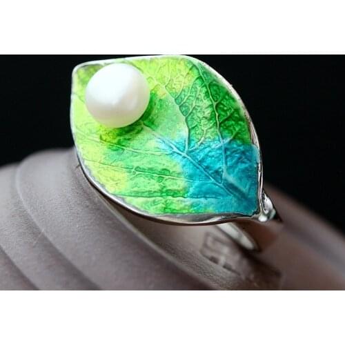 925 sterling silver inlay handmade Enamel Silver Ring Nvjie natural pearl leaves opening