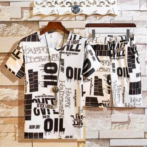 Fashion Mens Ice Silk Summer Short-sleeved Top+elastic Waist Pants Suit Big Size Outdoor Sports Style Printing Two-piece Sets