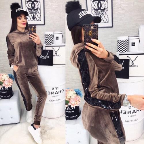 Sequined Splice Tracksuit Women Two Piece Set Autumn Winter Clothes Hooded Sweatshirt Top Pants Velvet Sweat Suit Female Outfits
