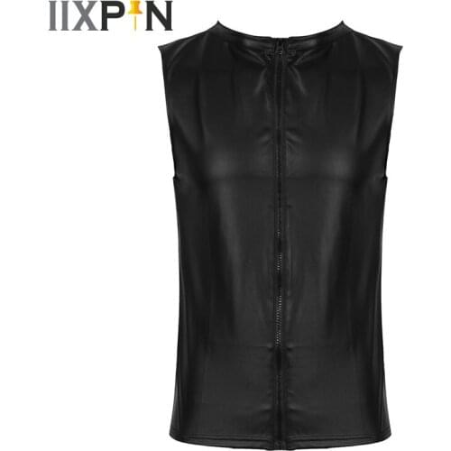 Men Faux Leather Undershirt Tank Top Round Neck Sleeveless Zipper Vest Top Mens Undershirts Vest Tanks Tops Sexy Clubwear Tops