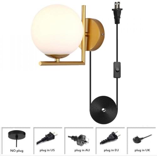 White Glass Global Wall Sconces Golden Socket Wall Mounted Light 1 Light Industrial Wall Light Plug In Cord Bedroom Decoration