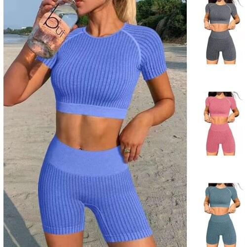 New 4 Colors Vital Seamless Yoga Set Fitness Short Sleeve Crop Top Shirts + Running Yoga Shorts Workout Clothes Women Gym Set
