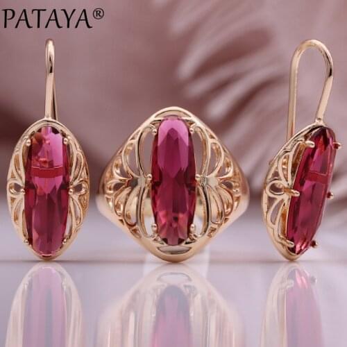PATAYA New Long Oval Red Natural Zircon Drop Earrings Ring Sets 585 Rose Gold Women Fashion Jewelry Sets Vintage Hollow Earrings