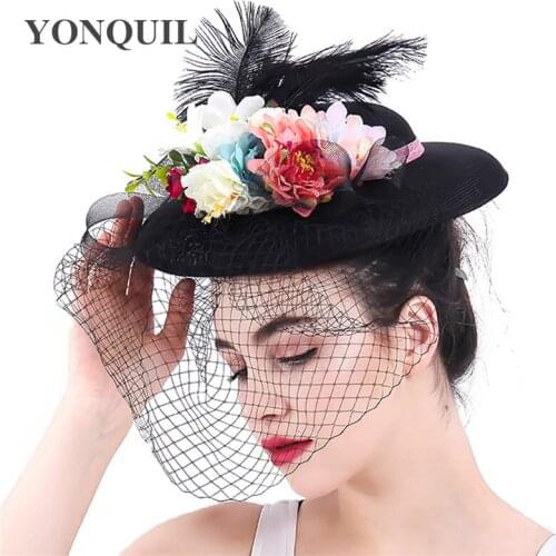 Vintage Bride Veils Hats Feathers Fascinator Accessory Women Kenducky Millinery Hats Veils Chapeau Caps Fabric Flower Headwear
