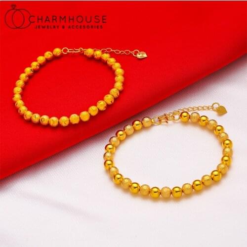24K Gold Color Charm Bracelets For Women 6mm Buddha Bead Chain Bracelet & Bangles Pulseras Mujer Wedding Jewelry Accessories