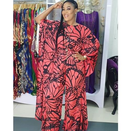 Elegant Abaya Dubai Muslim Fashion African 2020 New Arrival Long Sleeve Floral Print Lady Wide Leg Pants Jumpsuit For Party