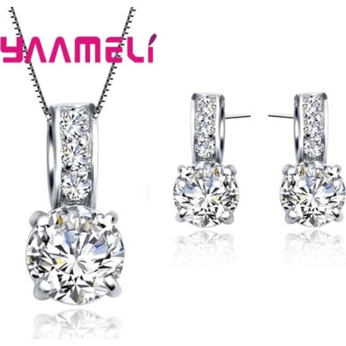 Top Quality 925 Sterling Silver Jewelry Clear White Topaz Cubic Zircon Pendant Necklace/Earring Women Jewelry Set Drop Shipping