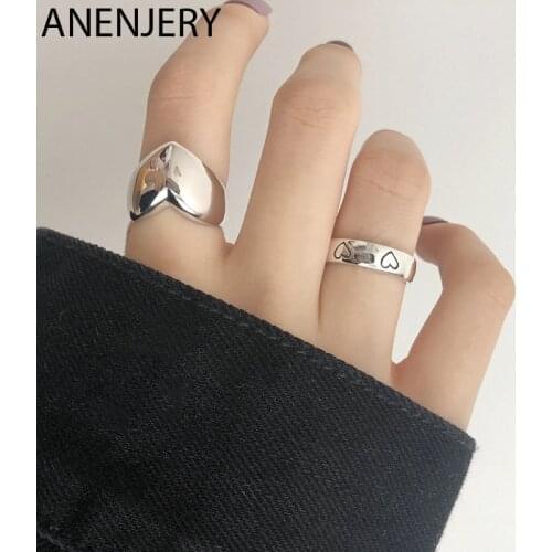 ANENJERY 925 Sterling Silver Smooth Love Heart Opening Finger Ring for Women Women Jewelry Birthday Gift Drop Shipping S-R828