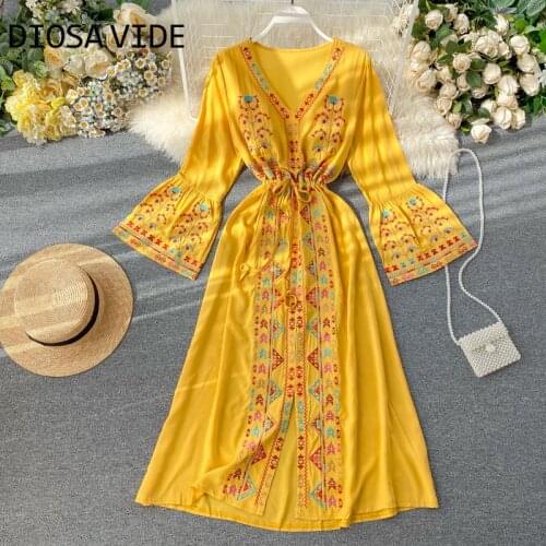 DIOSA VIDE ethnic style heavy industry embroidery travel shoot fairy long femininity V-neck drawstring waist slimming dress