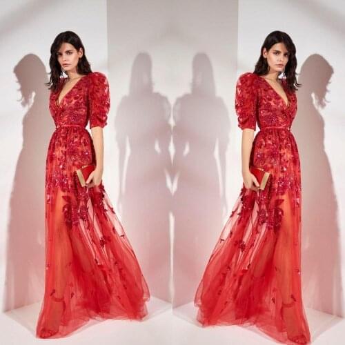 Pretty Red Evening Gowns 2020 Beading Sequins A Line V Neck Prom Dresses Half Long Sleeves Custom Made Robe De Soirée