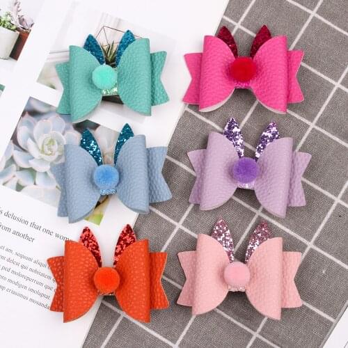 1PC Rabbit Pom Pom Bow Hair Clips Girls Kids Women 3 Inch PU Leather Hairbow Kids Shiny Hairgrips Children Sweet Headwear