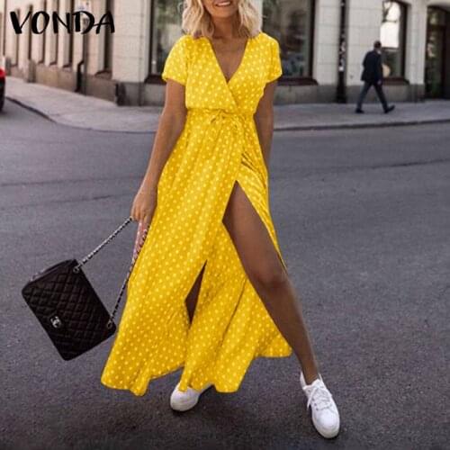 2021 VONDA Women Polka Dot Print Dress V-Neck Short Sleeve High Split Party Long Dress Beach Vestidos Casual Robe