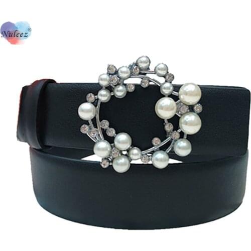 Nuleez Brand Reversible Belt Women Genuine Cowhide Leather and Luxury Pearl Flower Buckle for Elegant Lady