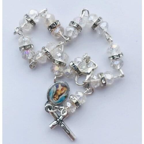 Catholic Charm Lady Crystal Cross Bracelet Fashion Dazzling Crystal Rosary Cross Bracelet. Random icon