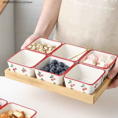 Snack Ceramic Plate Fruit Bowl Living Room Coffee Table Snacks Divided Grid Bamboo Wood Tray 250ml Storage Box Dining Table