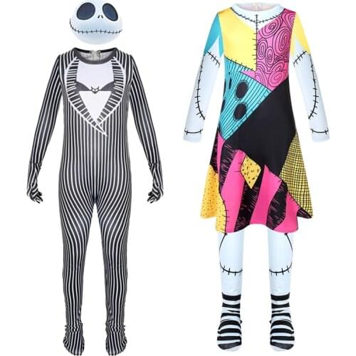 The Nightmare Before Christmas Sally Cosplay Costume Girls Halloween Carnival Printed Jack Jumpsuit Dress For Kids Girl