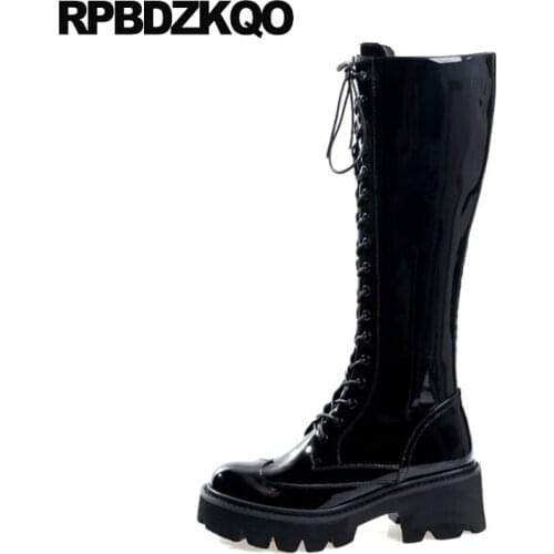 Muffin Patent Leather Flatform Knee High Chunky Tall Black Creepers Shoes Platform Harajuku 10 Big Size Side Zip Boots Women