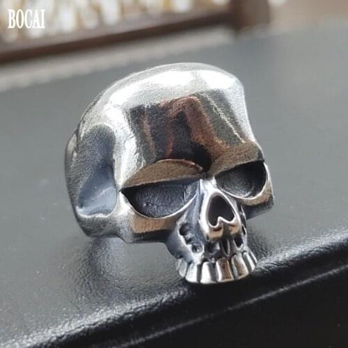 BOCAI New Retro and old personality skull open mens ring refers 100% s925 sterling silver jewelry