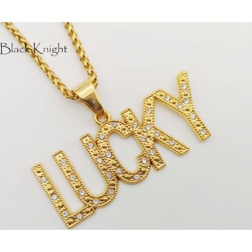 CARA New Gold Charm Letter Lucky Pendant Necklace CZ Crystal Fashion Hip Hop Jewelry 75cm Long Chain Good Luck For Men CAGF0230