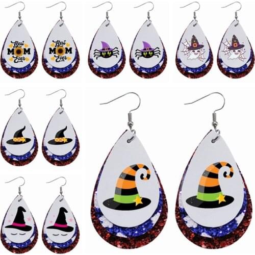 New Leather Earrings Cute Ghost Halloween Earrings Three Layers Glitter Teardrop Witch Hat Earrings