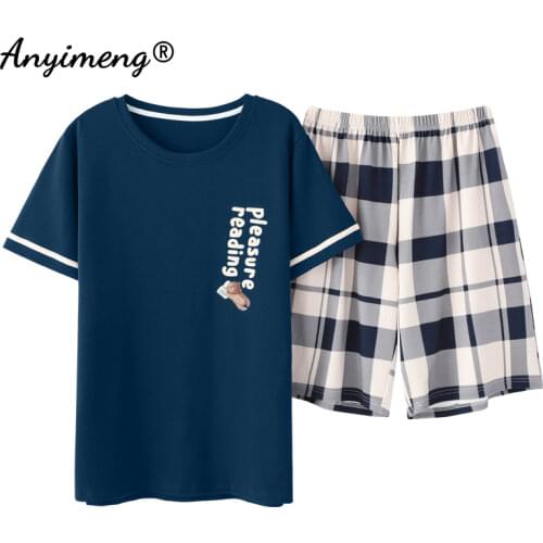Mens Lounge Wear 2021 Summer New Pajamas for Man Big Shorts Two Pieces Navy Letter Printing Pullover Leisure Sleep Wear Men Pjs