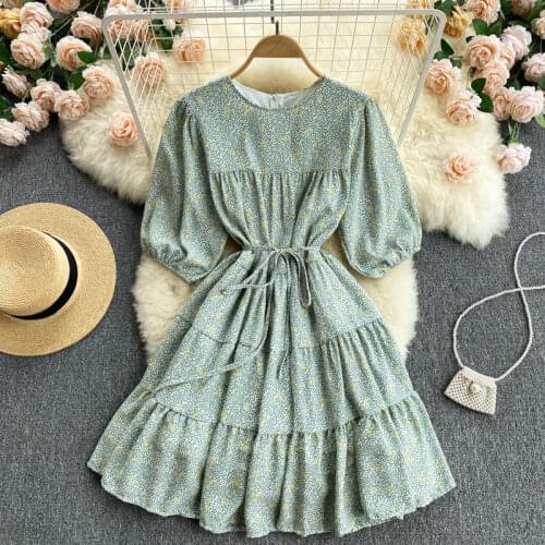 Trendy Floral Print Dress Women Summer Tiered Elegant Chiffon Mini Dress Round Neck Half Puff Sleeve Casual Dress With Belt
