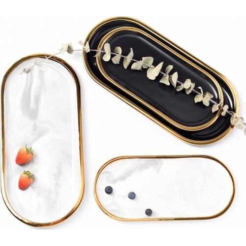 Gold Plating Ceramic Marble Storage Tray Dessert Plate Tableware Dish Decoration Black White Europe Fruit Breakfast Oval Plate