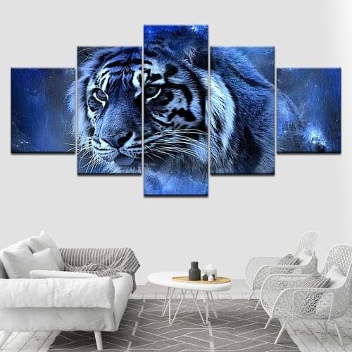 The tiger blue background animal 5 Piece Wallpapers Art Canvas Print modern Poster Modular art painting Living Room Home Decor