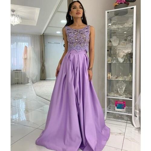Evening Dress 2020 Purple Lace Appliques Crystal Beaded Sleeveless Floor Length Women Party Gowns Charming Scoop Elegant Luxury