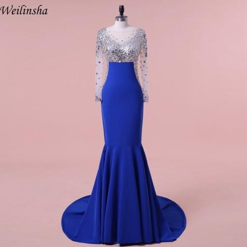 Weilinsha Custom Evening Dress Scoop Neck Mermaid Full Sleeves Hand Sewing Beading Crystals Evening Gowns Robes De Soiree