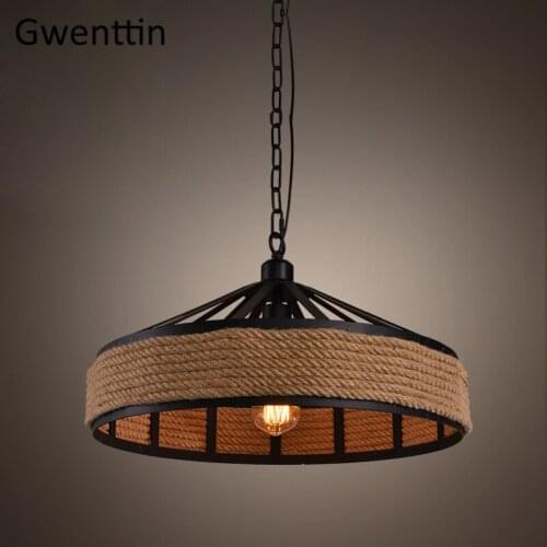 Vintage Hemp Rope Iron Pendant Lamp Kitchen Hanging Lights Dining Room Bar Industrial Lamp Loft Decor Home Lighting Fixtures E27