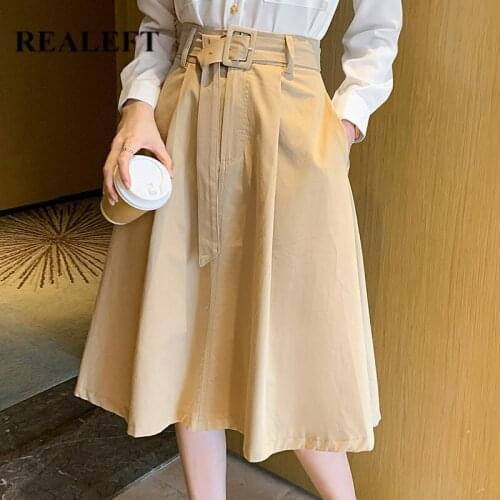 REALEFT Autumn Winter Elegant Umbrella Midi Skirts with Belted 2021 New High Waist Workwear Skater A-Line Skirts Pockets Female