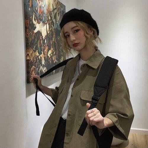 2021 Summer Minimalist Style Short Sleeve Women Shirt Turn-Down Collar Pocket Oversize Ladies Shirts Button Up Female Clothing