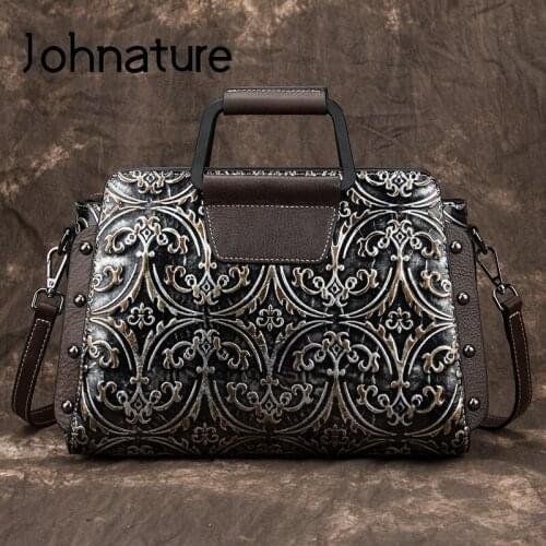 Johnature 2020 New Handmade Embossing Cow Leather Women Bag Leisure Large Capacity Floral Handbag Vintage Shoulder Messenger Bag