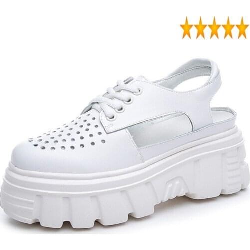 Out Summer Women Thick Hollow Platform White Wedges Shoes Lace Up Ladies Casual Leather Sandals Street Zapatos De Mujer