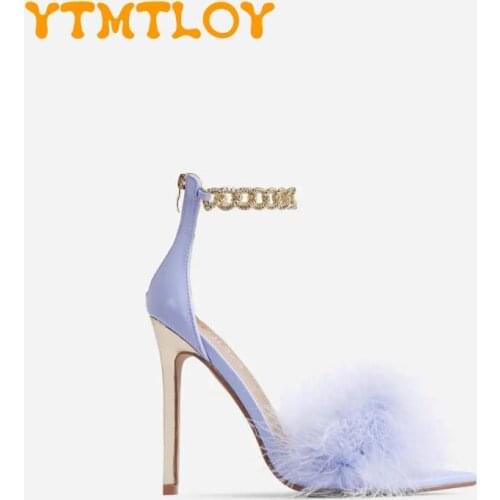 2021 European And American Style Hairy Pointed Stiletto High Heel Fish Mouth Fashion Catwalk Large Size Womens Sandals 35-43 Si